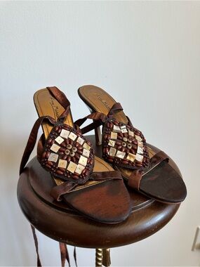 Anne Michelle Brown Beaded Heel Sandals